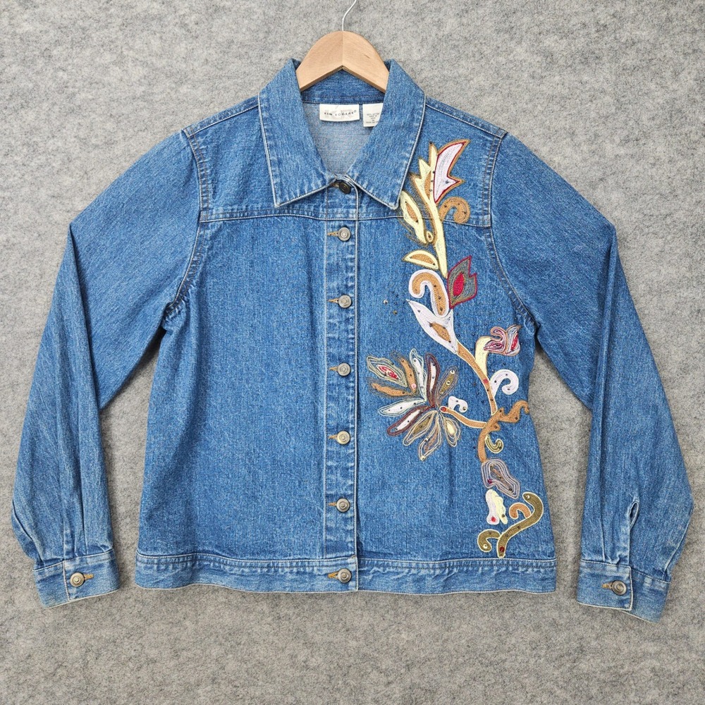 Kim Rogers Denim Jacket Women's Medium Blue Floral Embroidered Beaded Button Up